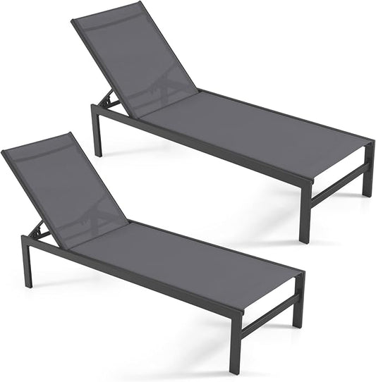 Giantex Patio Chaise Lounge Chair, Outdoor Sunbathing Chair Lawn Reclining Lounger with 6 Adjustable Position, Aluminium Frame, Outside Tanning Chairs for Deck,Yard, Pool Lounge Chairs (2, Gray)