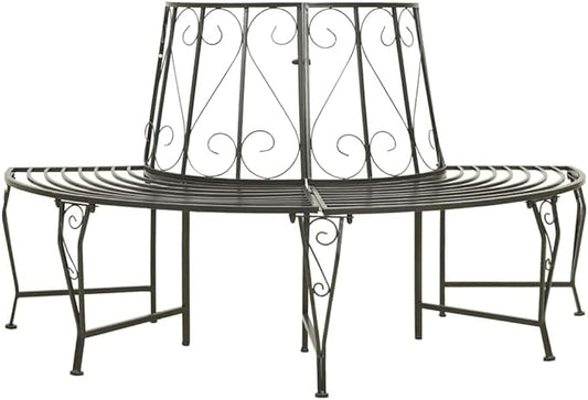 Silver Grey Steel Half-Round Tree Bench for Outdoor Garden, 3-Person Seating with Durable Waterproof Construction and Easy Maintenance, Patio Furniture for Relaxation