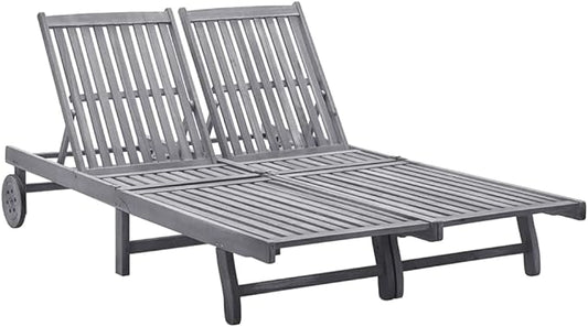 Outdoor Sun Lounger for Two, Solid Acacia Wood Patio Furniture with Adjustable Backrest and Wheels, Grey Weathered Finish Poolside Garden Balcony Chaise Lounge