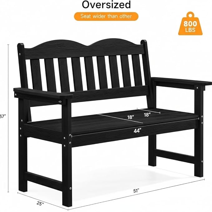 GarveeLife 2-Person Poly Lumber Garden Bench, Slatted Patio Loveseat, Weather-Resistant Outdoor Seating for Yard, Garden, Porch, Park or Backyard, Black