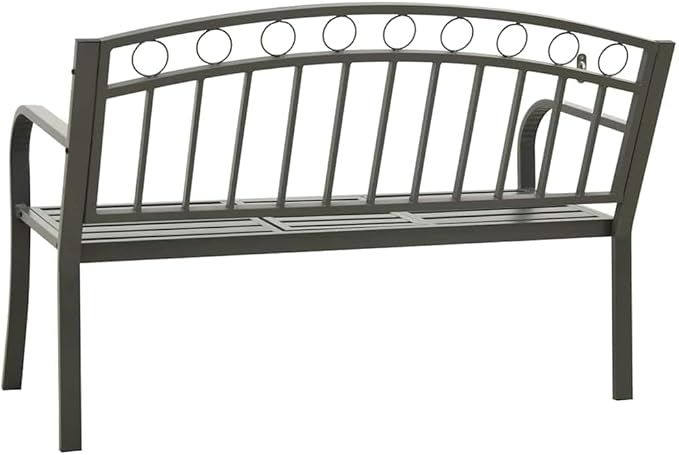 Grey Powder-Coated Steel Garden Bench with Table Durable Outdoor Seating for Two Comfortable Patio Furniture