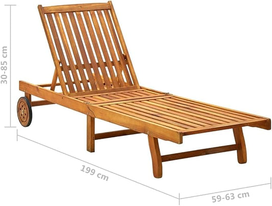 Adjustable Sun Lounger for Patio and Pool, Solid Acacia Wood Outdoor Chaise Lounge with Wheels, Reclining Backrest, Waterproof Finish, Modern Brown Garden Furniture for Relaxation