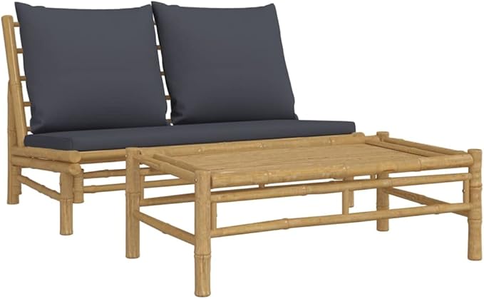 Dark Grey and Natural Bamboo Garden Lounge Set with Polyester Cushions - Photo 3