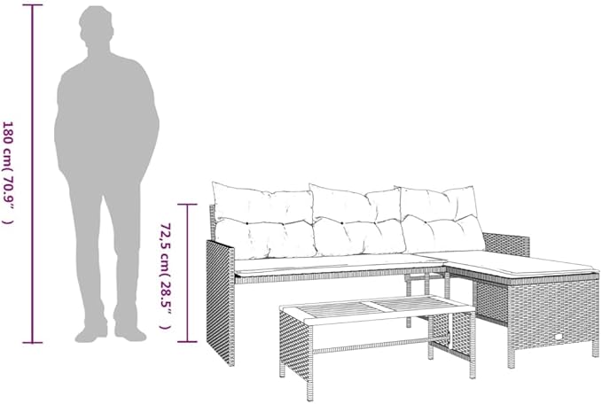 vidaXL L-Shaped Patio Sofa Set - Black Poly Rattan Outdoor Furniture with Acacia Wood Table and Cream White Cushions