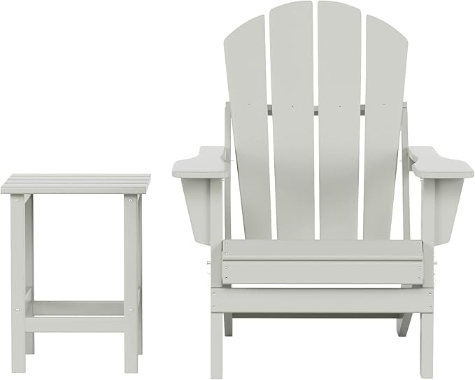 WestinTrends Malibu 2-Pieces Adirondack Chair Set with Side Table, All Weather Outdoor Seating Plastic Patio Lawn Chair Folding for Outside Porch Deck Backyard, Sand