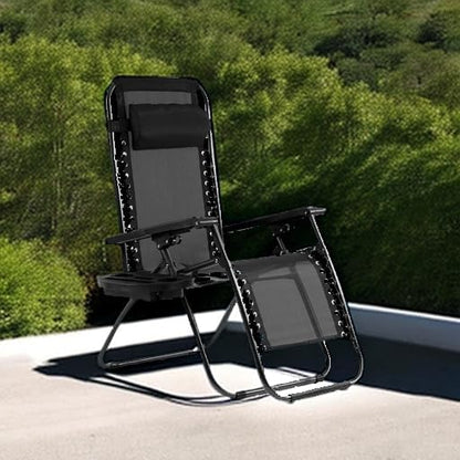 Heavy Duty Zero Gravity Lounge Chair - 350lbs Patio Recliner Pillow & Cup Holder, Adjustable Folding Outdoor Chaise for Pool, Beach, Deck (Black)
