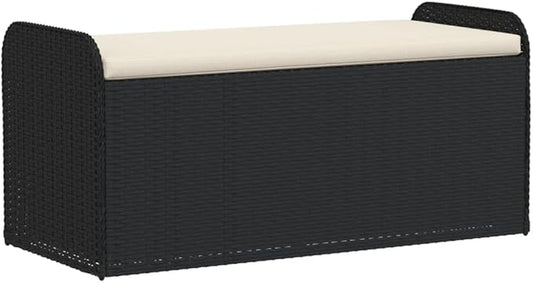vidaXL Black Poly Rattan Storage Bench with Cream White Cushion - Weather- Outdoor/Patio/Garden Seating Furniture with Spacious Storage