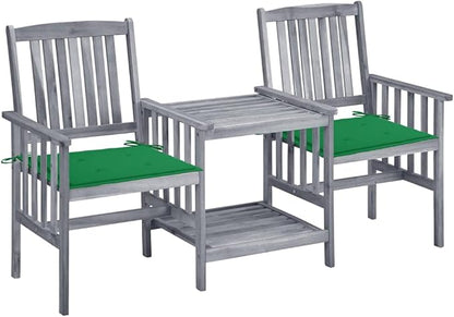 Grey Solid Acacia Wood Garden Chair with Tea Table, Medium Durable Outdoor Seating for Patio and Balcony, Rustic Style with Weathered Finish, Comfortable Cushion Included,