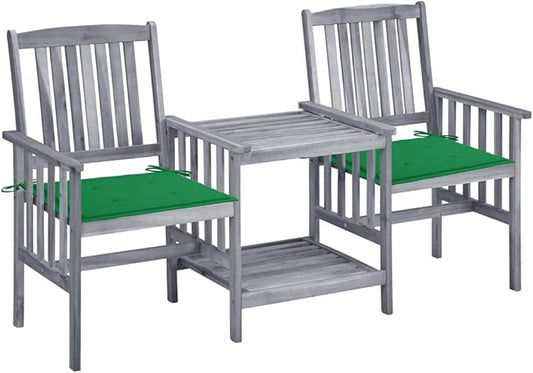 Grey Solid Acacia Wood Garden Chair with Tea Table, Medium Durable Outdoor Seating for Patio and Balcony, Rustic Style with Weathered Finish, Comfortable Cushion Included,