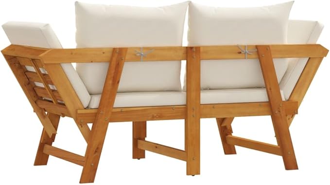 Garden Bench Cream White Solid Acacia Wood 2-in-1 Adjustable Convertible Design with Adjustable Armrests and Comfortable Cushions for Outdoor Patio Seating
