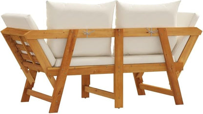 Garden Bench Cream White Solid Acacia Wood 2-in-1 Adjustable Convertible Design with Plush Cushions and Adjustable Armrests for Outdoor Patio Seating Comfort