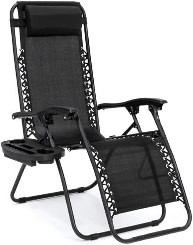 EZONE 1 - Chair Zero Gravity Lounge Chair Outdoor Adjustable Reclining Patio Chair Steel Mesh Folding Recliner for Pool Beach Camping Lounge Chair with Pillow and Cup Tray (1, Black)