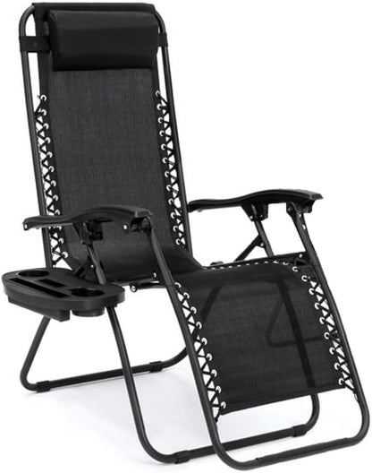 EZONE 1 - Chair Zero Gravity Lounge Chair Outdoor Adjustable Reclining Patio Chair Steel Mesh Folding Recliner for Pool Beach Camping Lounge Chair with Pillow and Cup Tray (1, Black)