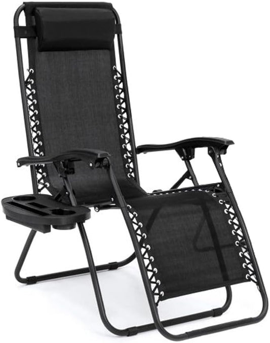 EZONE 1 - Chair Zero Gravity Lounge Chair Outdoor Adjustable Reclining Patio Chair Steel Mesh Folding Recliner for Pool Beach Camping Lounge Chair with Pillow and Cup Tray (1, Black)