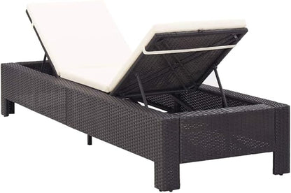 Outdoor Sunbed with Adjustable Backrest, Black PE Rattan Sun Lounger and Cream White Cushion for Patio, Poolside, Garden, Durable Weather-Resistant Chaise Lounge for Relaxing