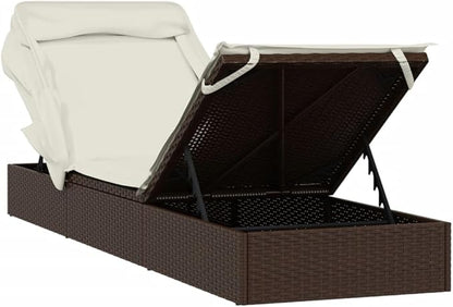 Adjustable Outdoor Chaise Lounge 83.9x24.8x38.2 in Brown PE Rattan, Foldable Reclining Sunbed with Cushion for Garden Patio Poolside