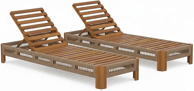 Christopher Knight Home Lamon Acacia Wood Chaise Lounge Chair Outdoor Set of 2, Woven Rope Accents - Photo 6