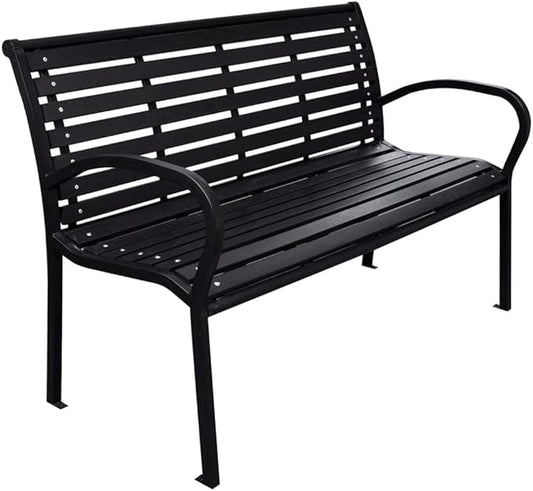 Black WPC and Steel Garden Bench 116 cm Wide, Durable Outdoor Seating for Patio and Balcony, Comfortable Two-Person Bench with Industrial Design