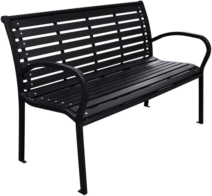 Black WPC and Steel Garden Bench 116 cm Wide, Durable Outdoor Seating for Patio and Balcony, Comfortable Two-Person Bench with Curved Armrests