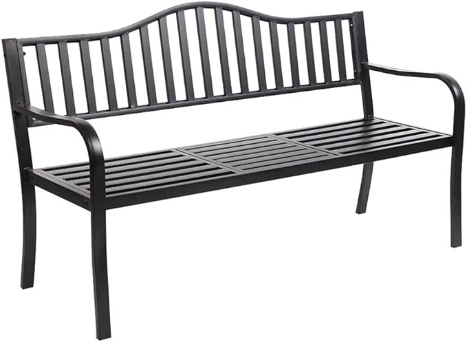 Metal Garden Bench with Pullout Middle Table Patio Seating Double Seat Steel Bench for Outdoor Patio Garden Backyard Weather-Resistant Frame-Black 2