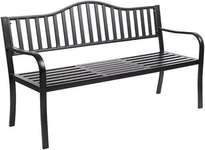 Metal Garden Bench with Pullout Middle Table Patio Seating Double Seat Steel Bench for Outdoor Patio Garden Backyard Weather-Resistant Frame-Black 2