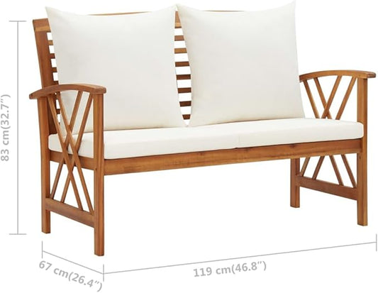 Cream White Acacia Wood Garden Bench for Outdoor Patio Seating, 46.9 Inch Retro Style Comfortable Two-Seater with Removable Cushions