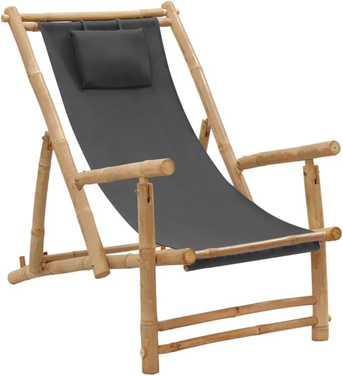 Deck Chair Bamboo and Canvas, Outdoor Patio Furniture, Balcony Chairs, Lounge Chairs, Beach Lounge Chair Outdoor - Photo 1