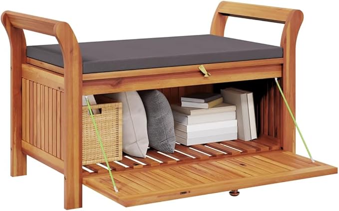 Garden Storage Bench with Cushion in Dark Grey and Brown, Solid Acacia Wood Modern Outdoor Furniture, Weather-Resistant Seating with Removable Cover and Ample Internal Space