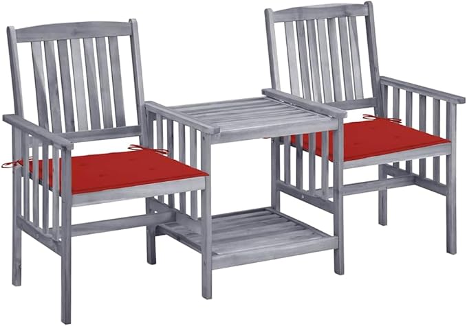Grey Acacia Wood Garden Chair Set with Tea Table, 2 Chairs and Removable Cushions, Weather-Resistant Outdoor Furniture for Patio, Rustic Design Comfortable Seating