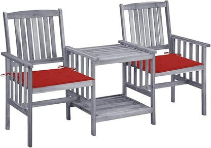 Grey Acacia Wood Garden Chair Set with Tea Table, 2 Chairs and Removable Cushions, Weather-Resistant Outdoor Furniture for Patio, Rustic Design Comfortable Seating