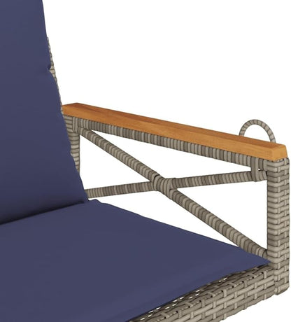 Gray PE Rattan Swing Bench with Navy Plush Cushions, Powder-Coated Steel Frame and Synthetic Rattan for Outdoor Lounging on Patio, Garden or Balcony, Compact Single Seat