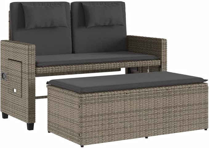 Garden Bench Deck Bench Reclining Patio Bench with Cushions Gray Poly Rattan - Photo 5