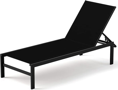 HAPPYGRILL Aluminum Chaise Lounge Chair, Heavy-Duty Patio Recliner W/ 6-Level Backrest & Breathable Fabric, Outdoor Lightweight Reclining Lounge Chair for Backyard, Poolside, Porch (1, Black)