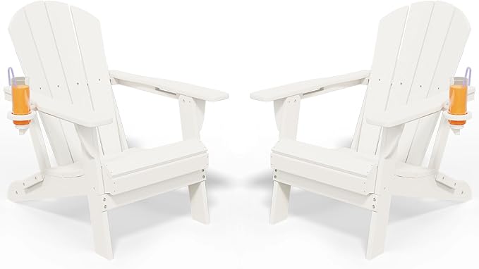 Foldable Adirondack Chair with Cup Holder-Heavy Duty Recycled HDPE Outdoor Patio Furniture, Weather Resistant Deck Lawn Fire Pit Chair (White, 2 Chair)