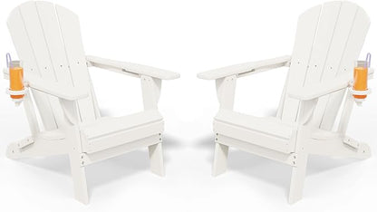Foldable Adirondack Chair with Cup Holder-Heavy Duty Recycled HDPE Outdoor Patio Furniture, Weather Resistant Deck Lawn Fire Pit Chair (White, 2 Chair)