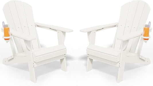 Foldable Adirondack Chair with Cup Holder-Heavy Duty Recycled HDPE Outdoor Patio Furniture, Weather Resistant Deck Lawn Fire Pit Chair (White, 2 Chair)