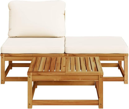 3 Piece Cream White Outdoor Sectional Sofa Set Small Patio Couch & Ottoman Modern Acacia Wood Conversation Furniture for Deck Sunroom and Balcony 28.7 x 24.8 x 25.6 in