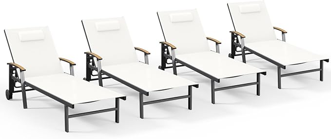 Ciokea Outdoor Lounge Chair with Pillow Set of 4, 5-Position Chaise Lounge with Wheels & Armrests - Photo 1