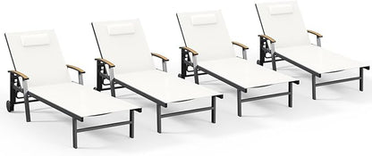Ciokea Outdoor Lounge Chair with Pillow Set of 4, 5-Position Chaise Lounge with Wheels & Armrests, 400 lbs Heavy Duty Aluminum Pool Lounge Chairs, for Beach, Deck, Poolside & Backyard, White