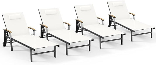 Ciokea Outdoor Lounge Chair with Pillow Set of 4, 5-Position Chaise Lounge with Wheels & Armrests, 400 lbs Heavy Duty Aluminum Pool Lounge Chairs, for Beach, Deck, Poolside & Backyard, White