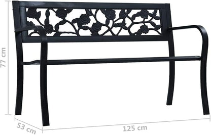 Patio Bench,Outside Bench,Yard Bench,Porch Bench,Metal Bench,Bench with Back,Park Benches,for Patio Furniture, Front Porch Decor and Outdoor Seating, 49.2" Black Steel