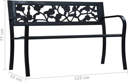 Patio Bench,Outside Bench,Yard Bench,Porch Bench,Metal Bench,Bench with Back,Park Benches,for Patio Furniture, Front Porch Decor and Outdoor Seating, 49.2" Black Steel