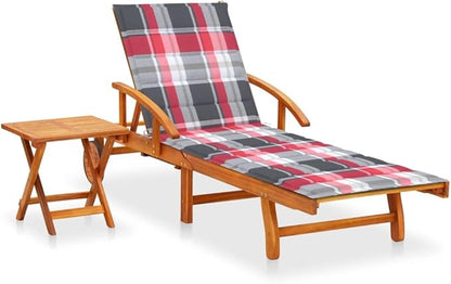 Patio Sunlounger with Table and Cushion in Natural Solid Acacia Wood, Adjustable Backrest and Footrest, Red Check Pattern Cushion, Multi-Position Recliner with Wheels