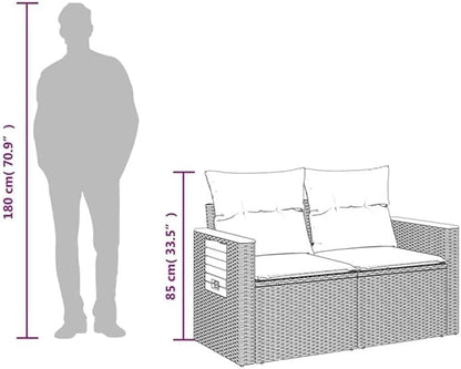 BOWERY HILL 2-Seater Poly Rattan Patio Sofa, Gray Finish, PE Rattan and Steel Frame with Acacia Wood Side Table, Navy Blue Cushions, Storage Space, UV-Proof Outdoor Seating for Garden or Patio Use