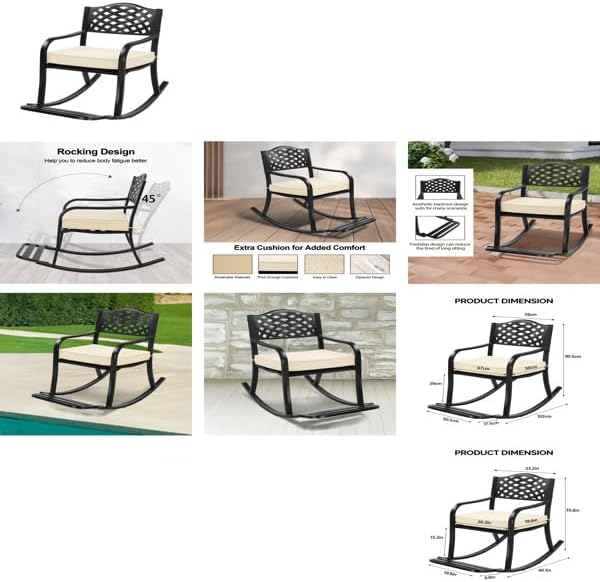 Metal Rocking Chair Outdoor Patio Rocker with Thick Cushion and Footrest, Weatherproof Wrought Iron Rocking Bench for Porch, Garden, Backyard, Lawn, Elegant Lattice Backrest, Black