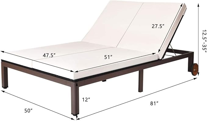 HAPPYGRILL 2-Person Patio Lounge with Wheels, Rattan Wicker Chaise Lounge Chair with Adjustable Backrest, Outdoor Sofa Daybed with Cushion for Garden Lawn Backyard