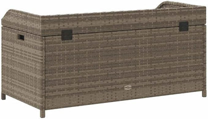 Storage Bench Grey and Brown with Gas Spring Lid and UV Resistant Materials, Modern Outdoor Indoor Seating with Ample Storage Capacity, Durable Poly Rattan and Acacia Wood