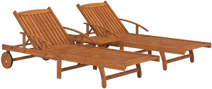 2-Person Acacia Wood Sunlounger Set with Table, Adjustable Backrest Outdoor Chaise Lounge, Foldable Beach Tanning Chairs, 26.8" Seat Depth, Large, Brown, for Garden, Poolside & Patio