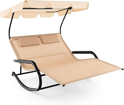 Tangkula 2 Person Lounge Chair with Adjustable Canopy, Outdoor Chaise Lounge with 2 Detachable Pillows and Wheels, Extra Large Double Patio Hammock Bed Swing for Backyard, Poolside
