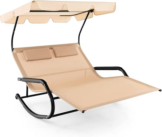 Tangkula 2 Person Lounge Chair with Adjustable Canopy, Outdoor Chaise Lounge with 2 Detachable Pillows and Wheels, Extra Large Double Patio Hammock Bed Swing for Backyard, Poolside